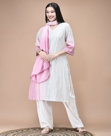Shree Women Cotton Off White Yarn Dyed Kurta Comfort Pant Dupatta